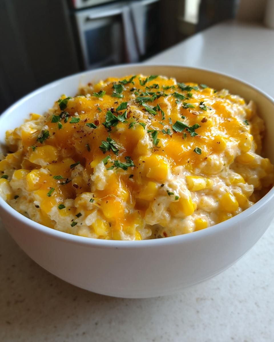 Close-up of a white bowl filled with creamy Mexican corn dip, topped with melted cheddar cheese and fresh parsley.
