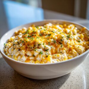 A close-up of a creamy, cheesy Mexican corn dip topped with melted cheddar and fresh chives in a white bowl.