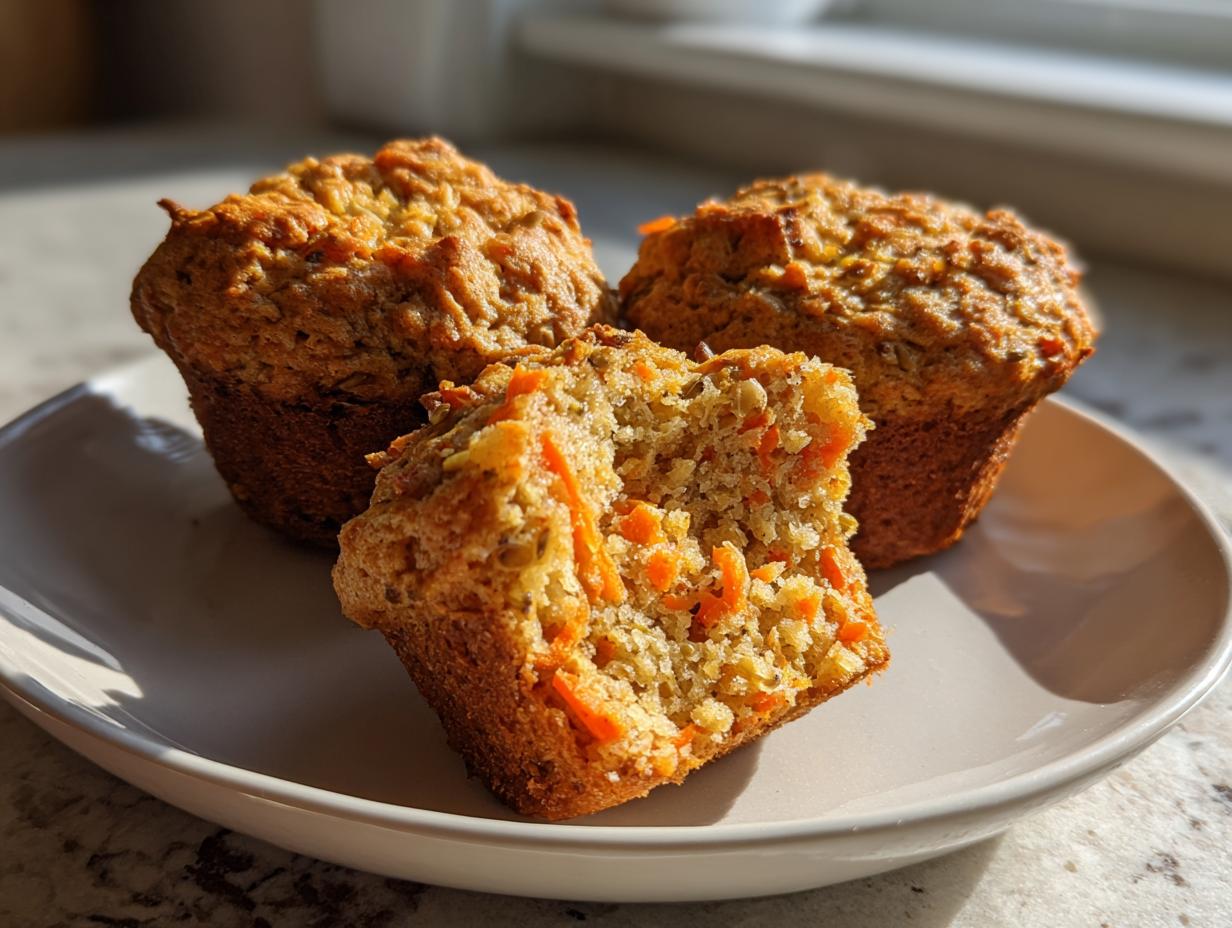 Three delicious morning glory muffins on a plate, one cut in half showing shredded carrots and texture.
