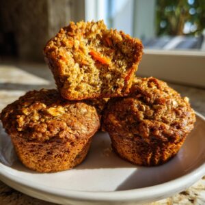 A stack of three moist morning glory muffins, one broken open to show carrots and oats inside.