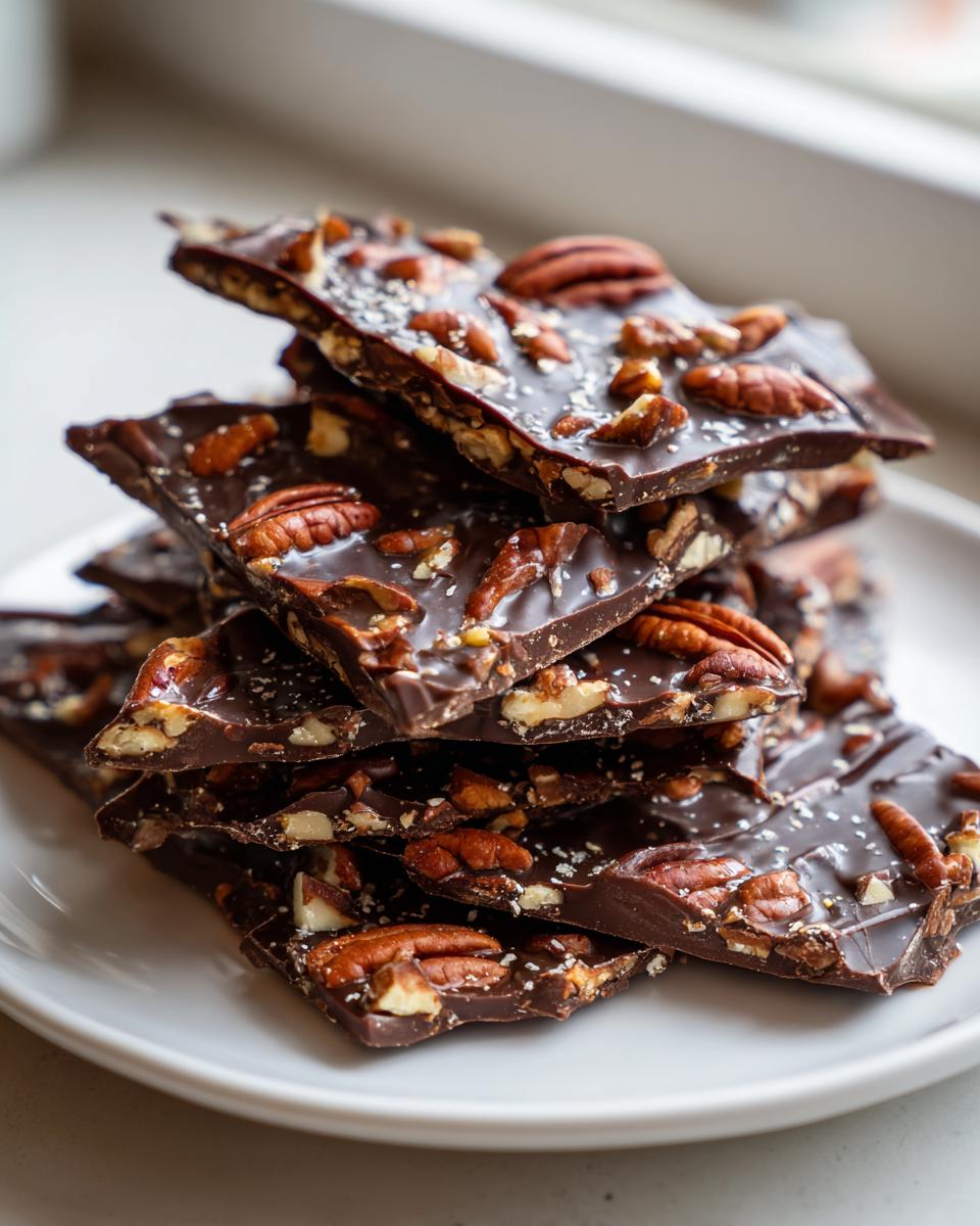 A stack of broken pieces of rich, dark Pecan Pie Bark topped with whole pecans and sea salt.