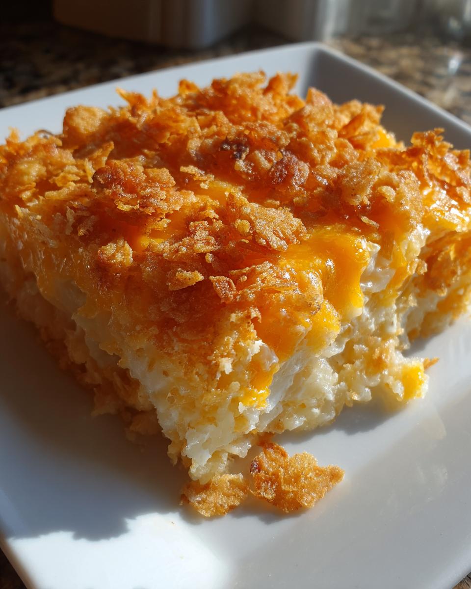 A close-up serving of creamy potato casserole topped with melted cheddar cheese and crunchy cornflakes.