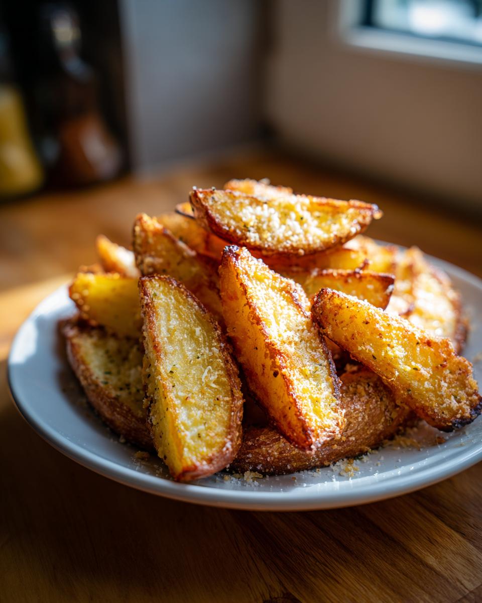 A plate piled high with golden brown, crispy potato wedges seasoned with Parmesan cheese.