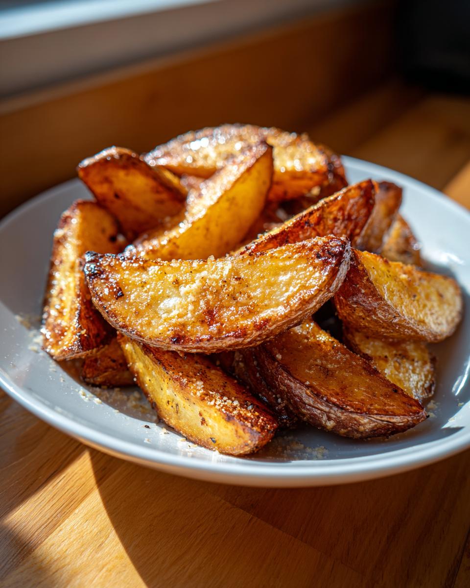 A close-up of perfectly baked, golden brown potato wedges seasoned with salt or cheese, piled on a light gray plate.