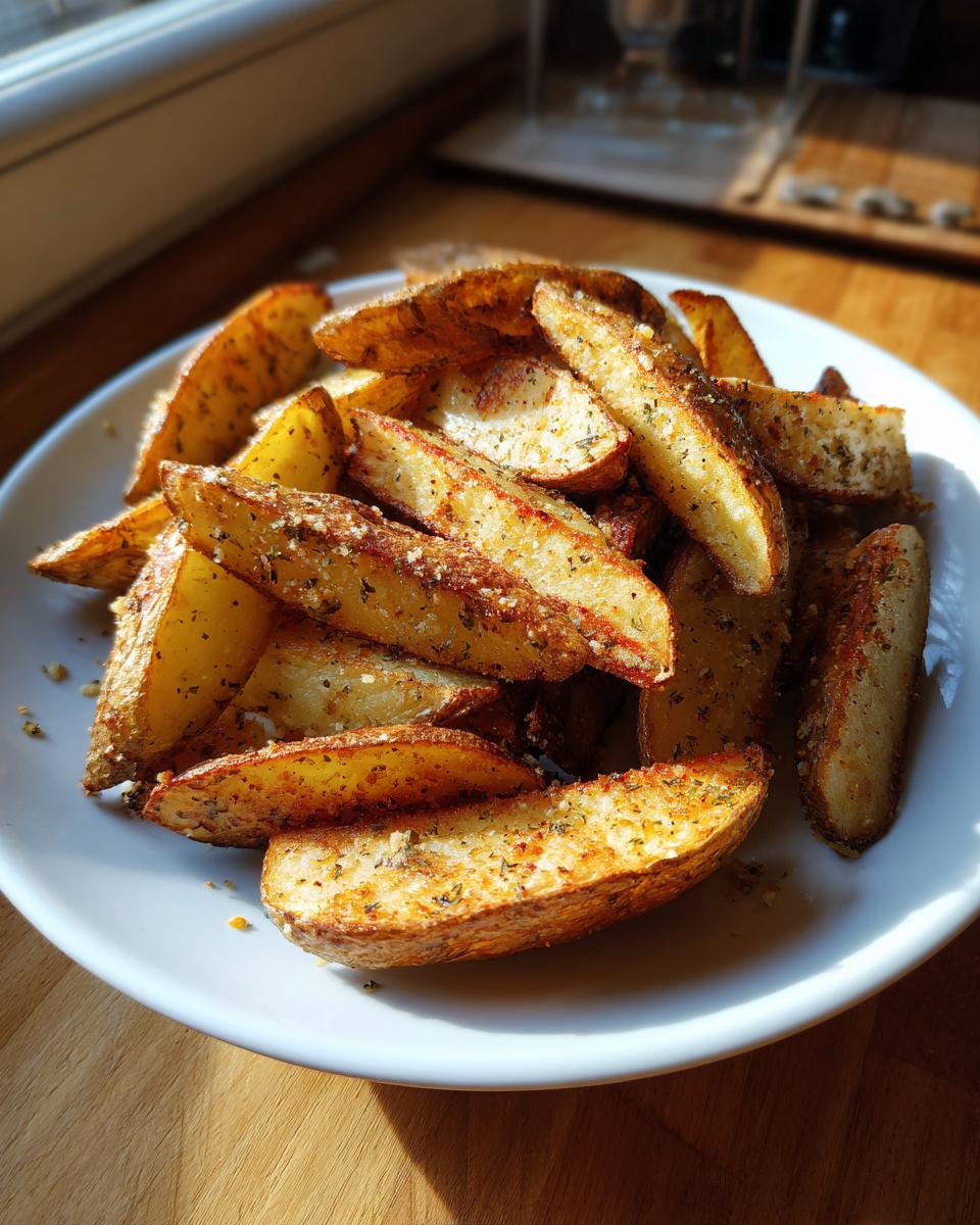 A close-up of golden brown, seasoned potato wedges piled high on a white plate, showing a crispy exterior.