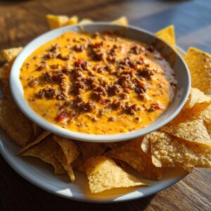 A bowl of creamy, cheesy rotel dip topped with seasoned ground beef, served with tortilla chips.