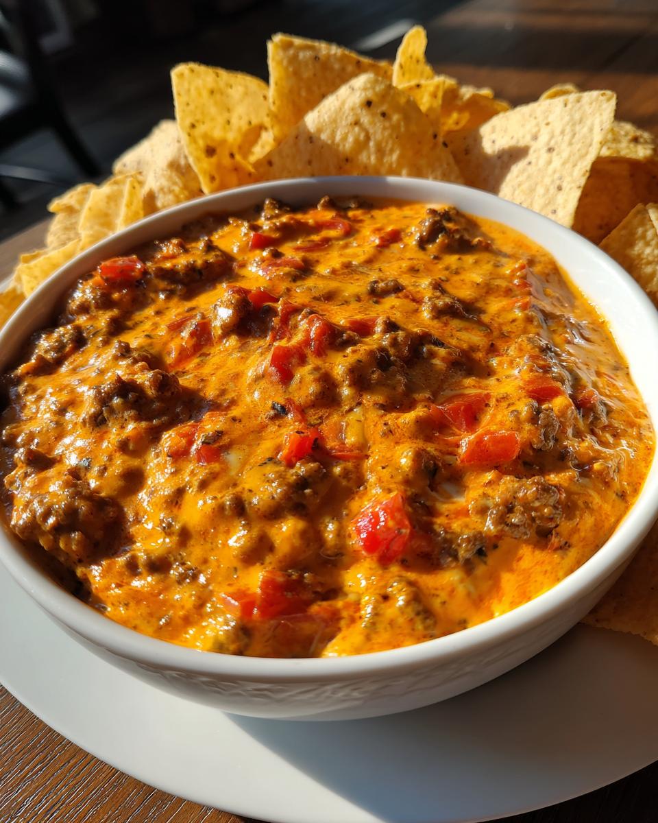 A white bowl filled with hot, cheesy rotel dip mixed with ground beef and tomatoes, surrounded by tortilla chips.