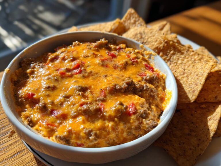 A close-up of a bowl of hot, cheesy rotel dip topped with ground meat and red peppers, served with tortilla chips.