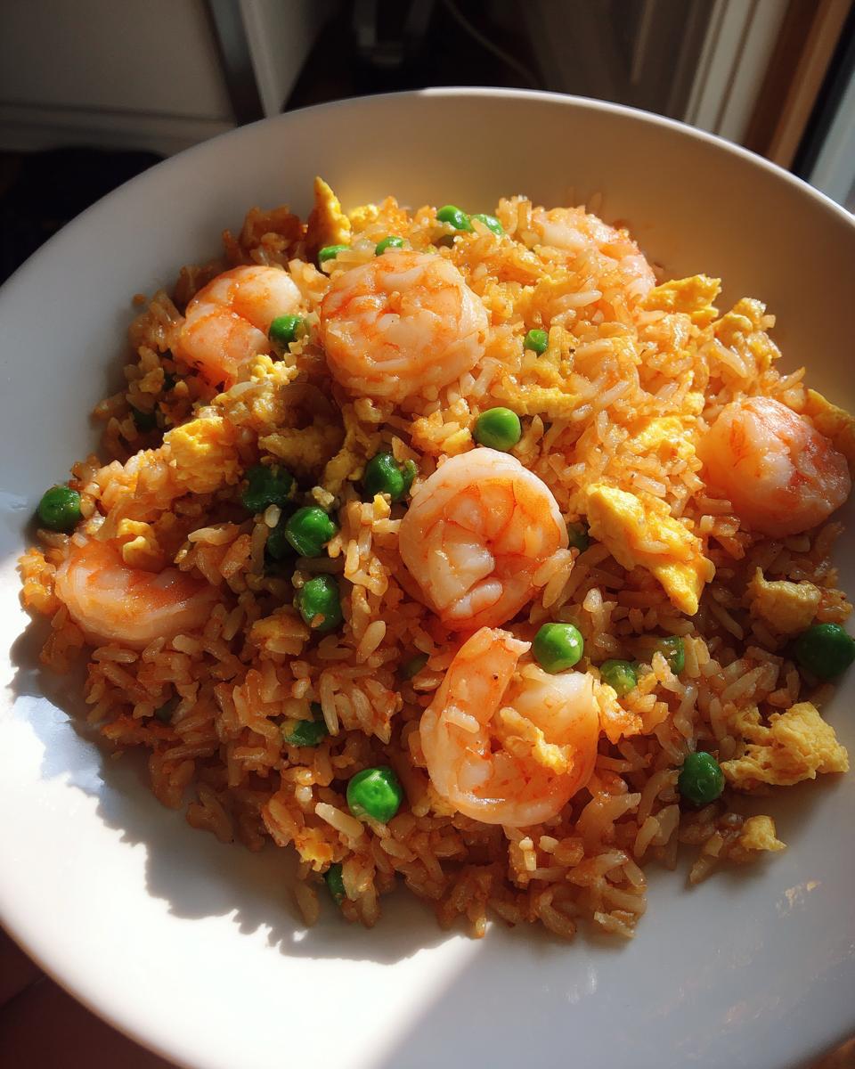 A close-up, sunlit shot of a white bowl filled with vibrant shrimp fried rice, featuring plump shrimp, green peas, and scrambled egg pieces.