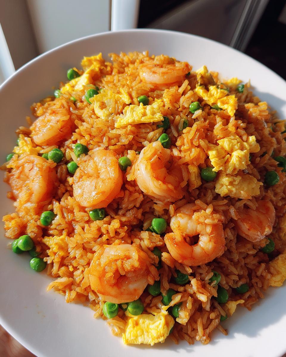 A close-up view of a white bowl filled with vibrant shrimp fried rice, featuring large pink shrimp, green peas, and scrambled egg pieces.