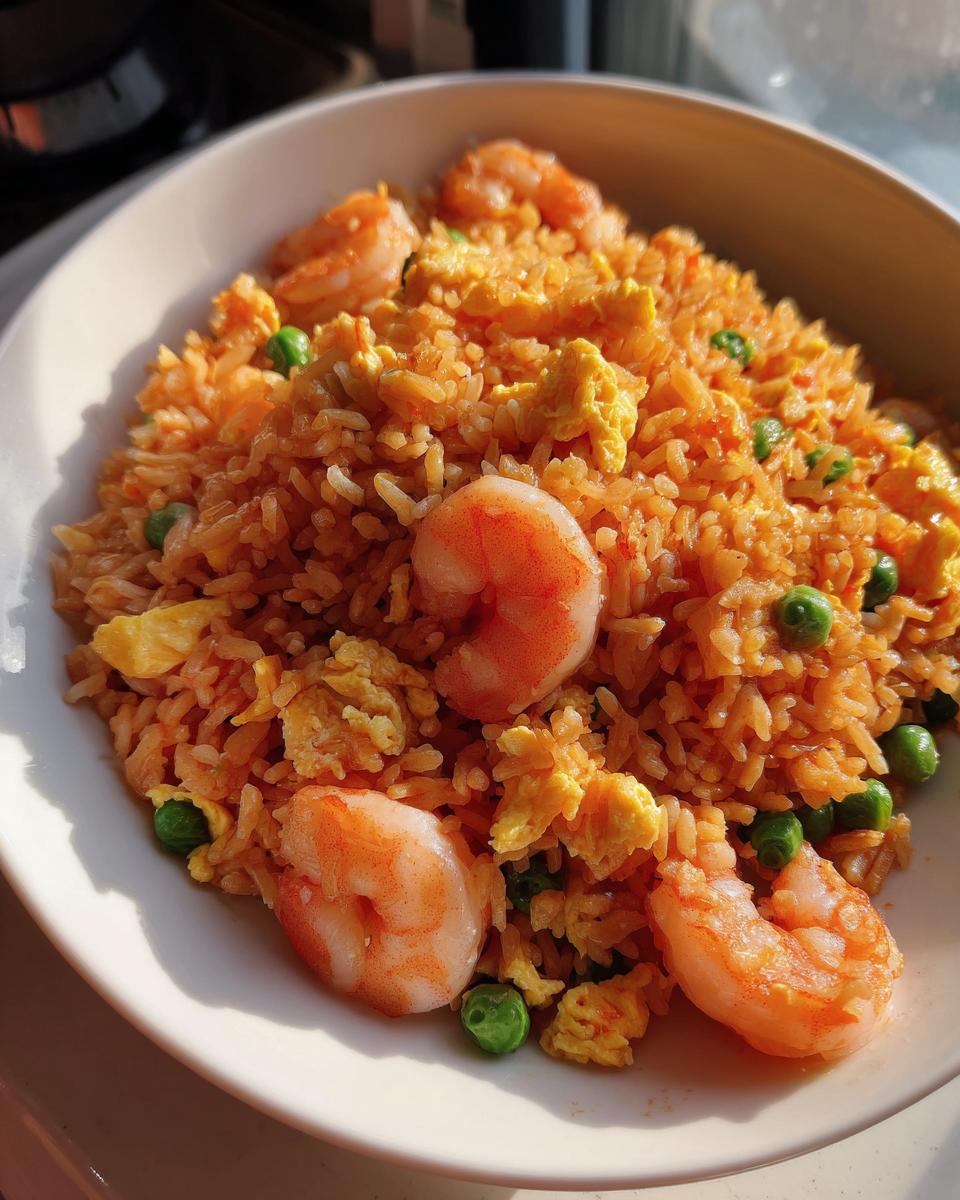 A close-up, brightly lit serving of shrimp fried rice featuring large pink shrimp, scrambled egg pieces, and green peas.