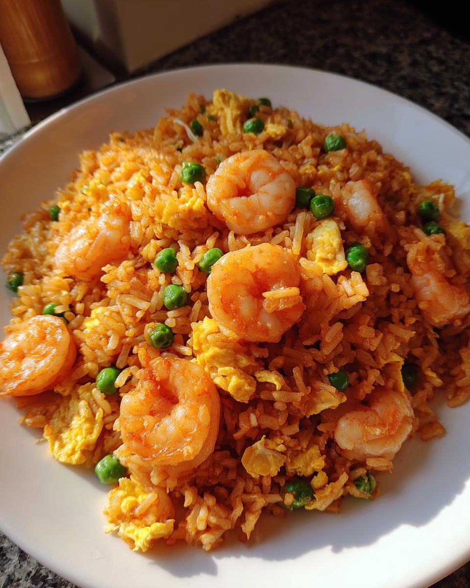 A close-up serving of vibrant shrimp fried rice mixed with scrambled egg and bright green peas on a white plate.