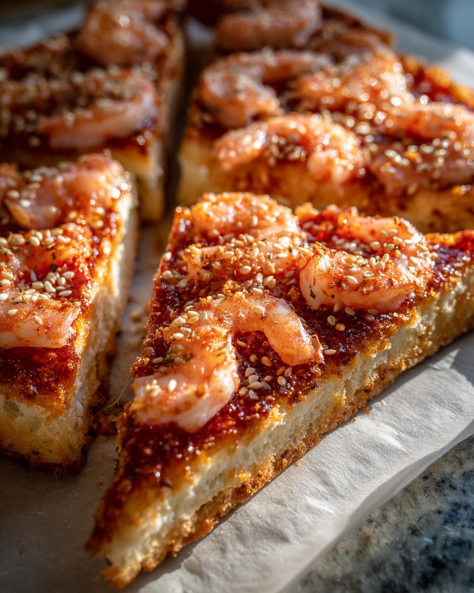 Close-up of triangular slices of golden brown shrimp toast topped with glazed shrimp and sesame seeds.