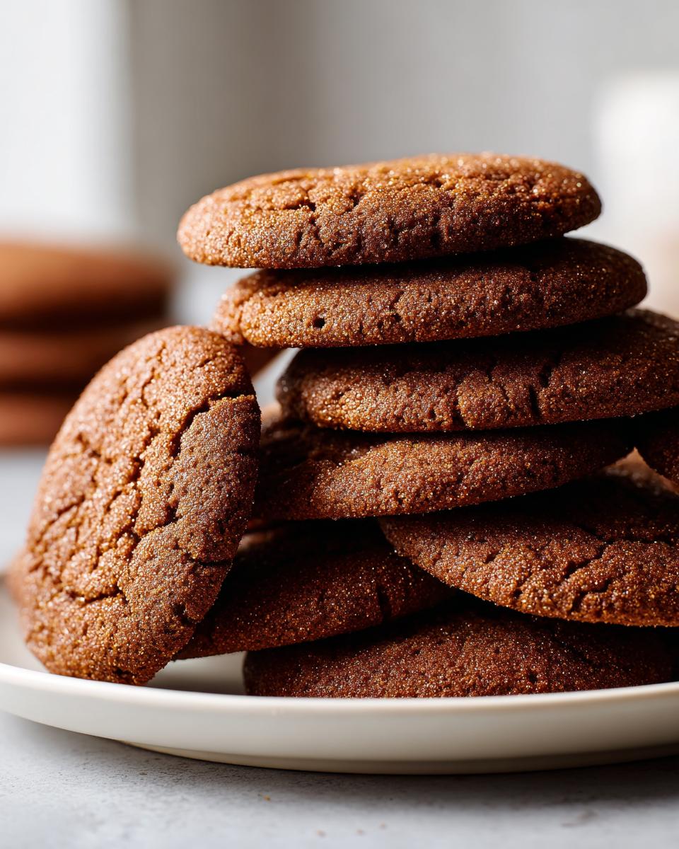 A close-up stack of freshly baked soft gingerbread cookies, coated in sparkling sugar.