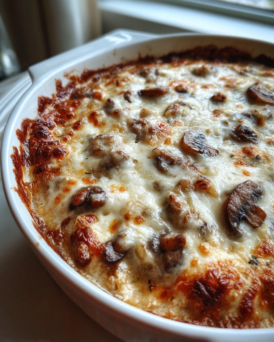 Close-up of a hot, bubbly stuffed mushroom dip baked in a white dish with browned, melted cheese.