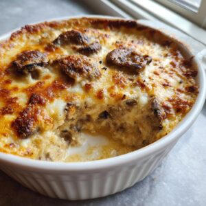 Close-up of a baked stuffed mushroom dip in a white ramekin with a bubbly, browned cheese crust.