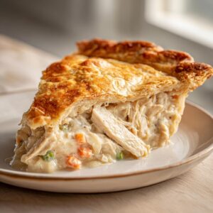 A generous slice of turkey pot pie recipe showing shredded turkey, creamy sauce, carrots, and peas under a golden, flaky crust.