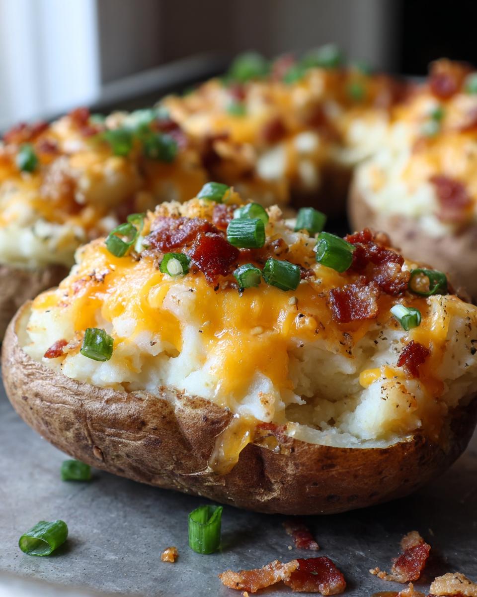 A close-up of an amazing twice baked potato, stuffed with creamy filling, melted cheddar cheese, bacon bits, and green onions.