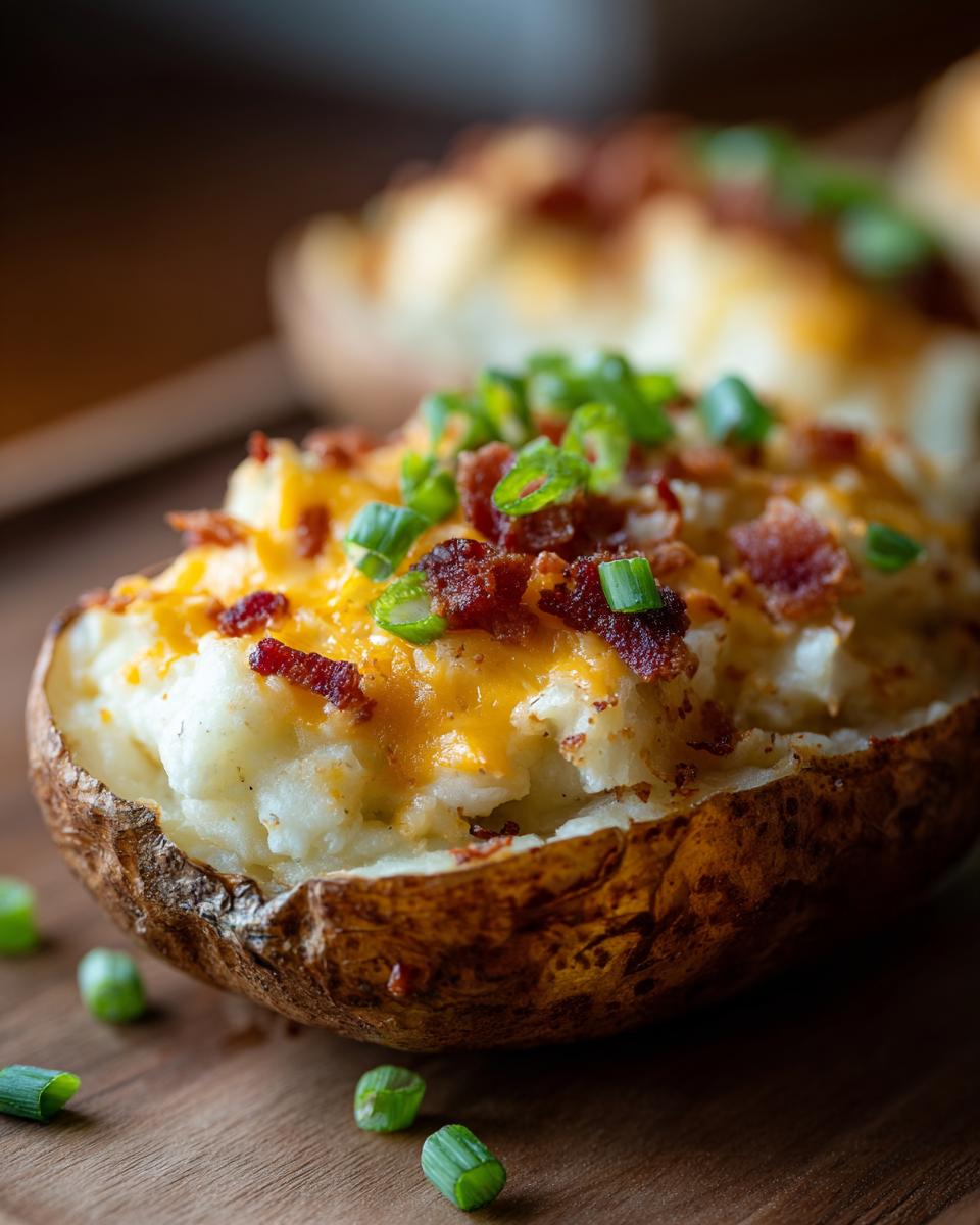A close-up of an amazing twice baked potato stuffed with creamy filling, topped with melted cheddar cheese, bacon bits, and green onions.