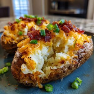 Close-up of a delicious twice baked potato, loaded with melted cheddar cheese, bacon bits, and green onions.