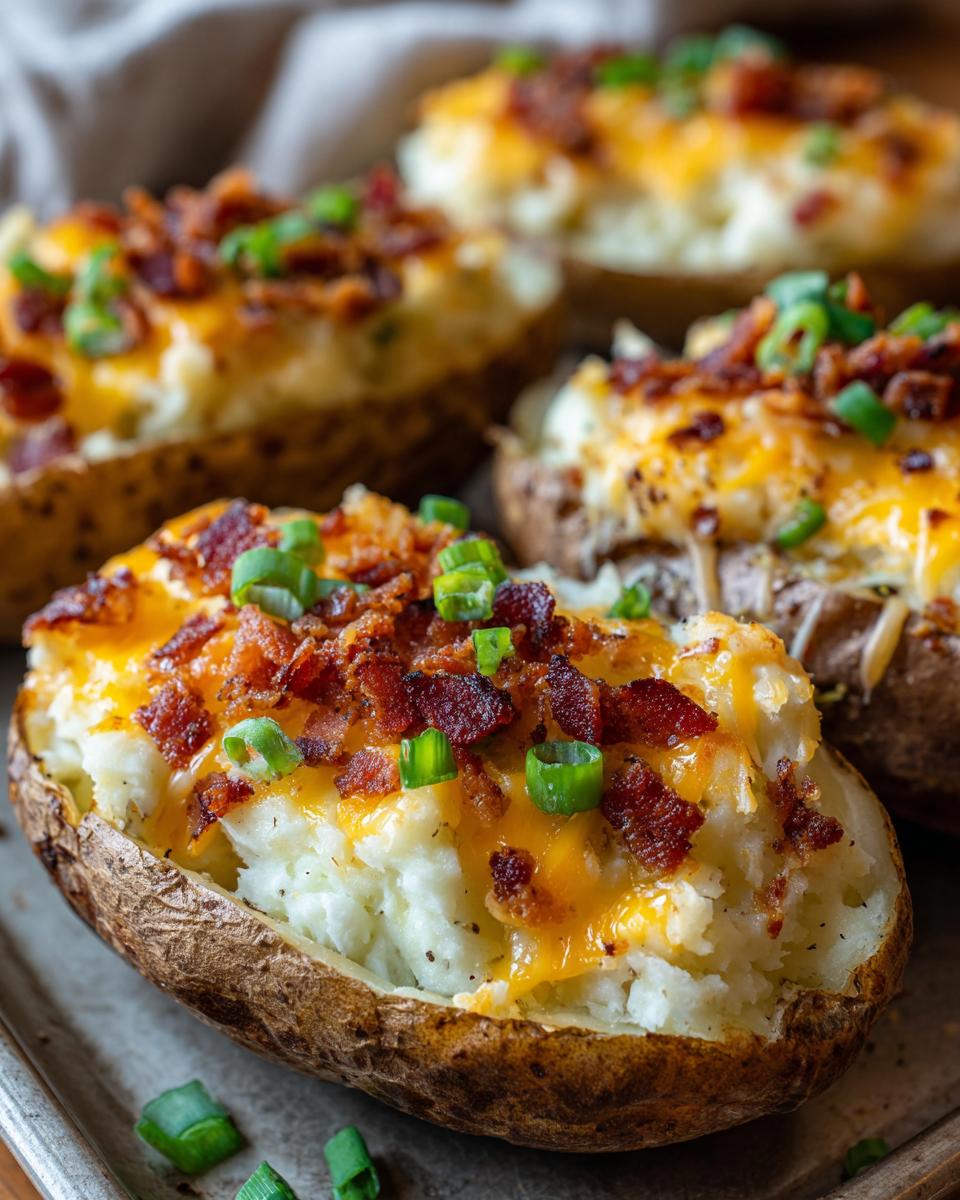 Close-up of a delicious twice baked potato loaded with mashed filling, melted cheddar cheese, bacon bits, and green onions.