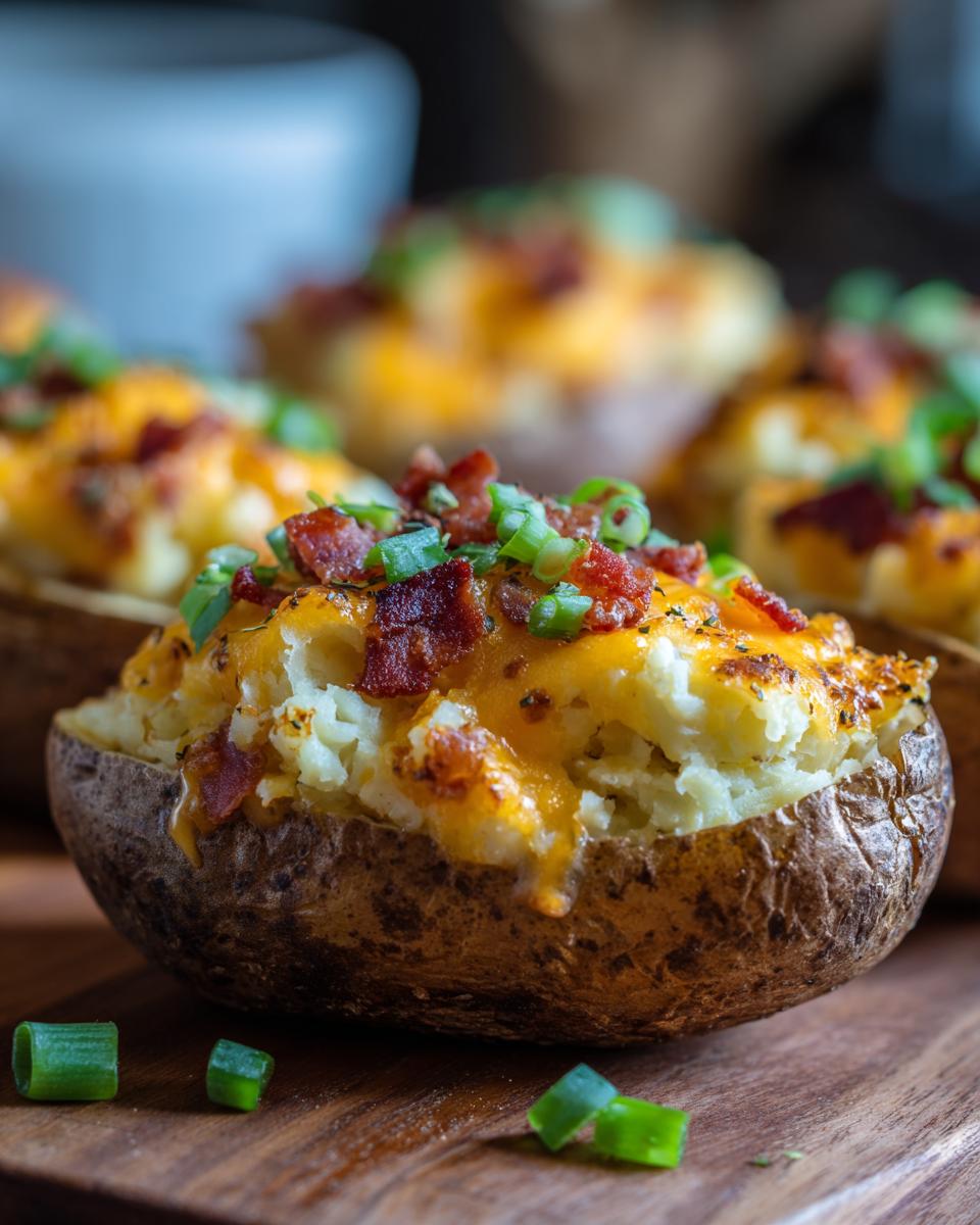 A close-up of a delicious twice baked potato topped with melted cheddar cheese, crispy bacon bits, and fresh green onions.