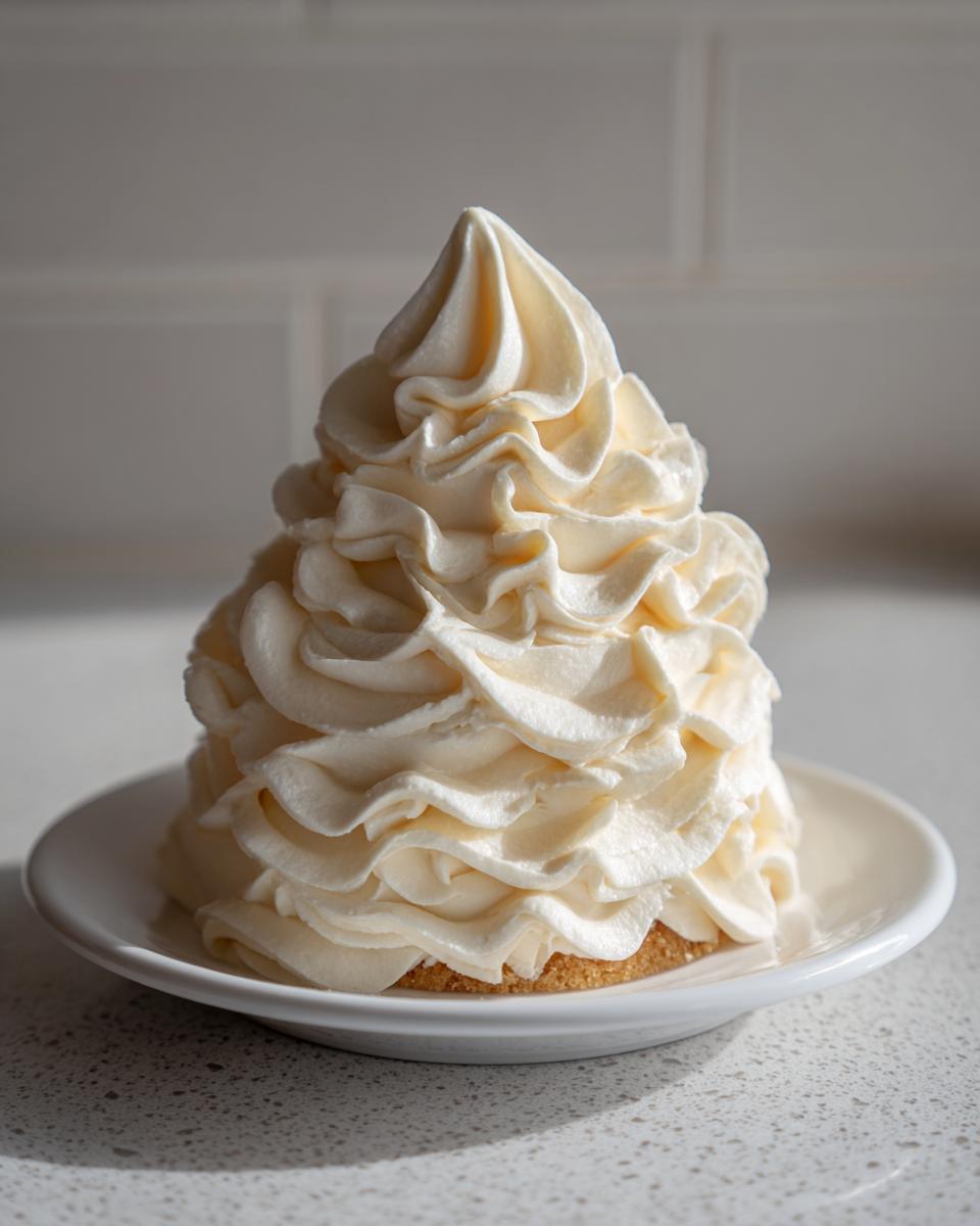 A tall swirl of creamy, pale yellow vanilla buttercream frosting piped onto a small base, sitting on a white saucer.