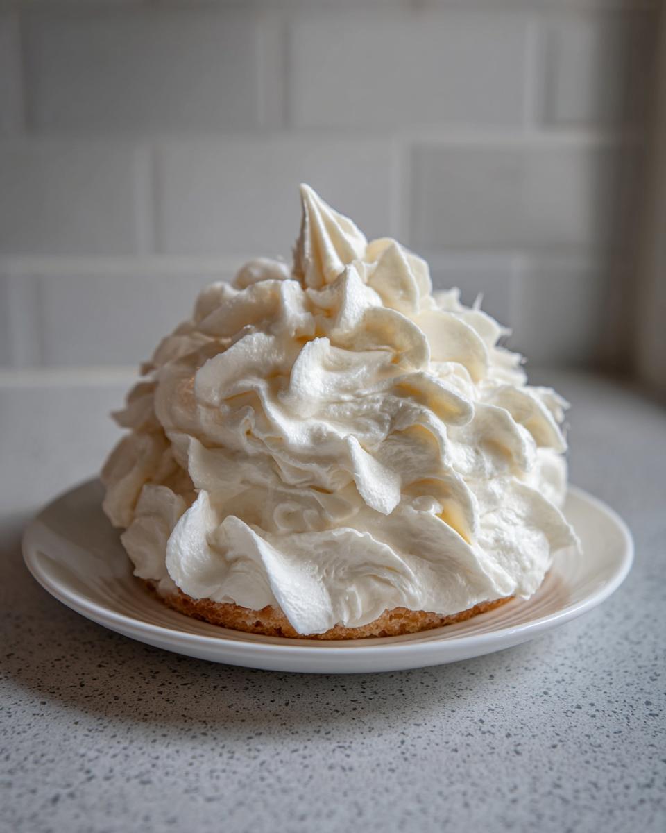 A close-up of a small cake or pastry generously topped with high, fluffy swirls of white vanilla buttercream.