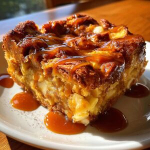 A decadent square of apple bread pudding topped generously with rich caramel sauce, served on a white plate.