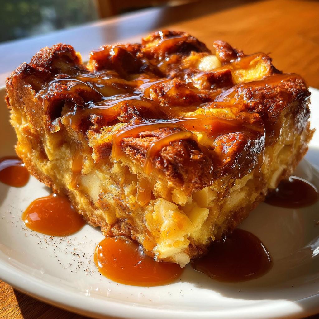 A decadent square of apple bread pudding topped generously with rich caramel sauce, served on a white plate.