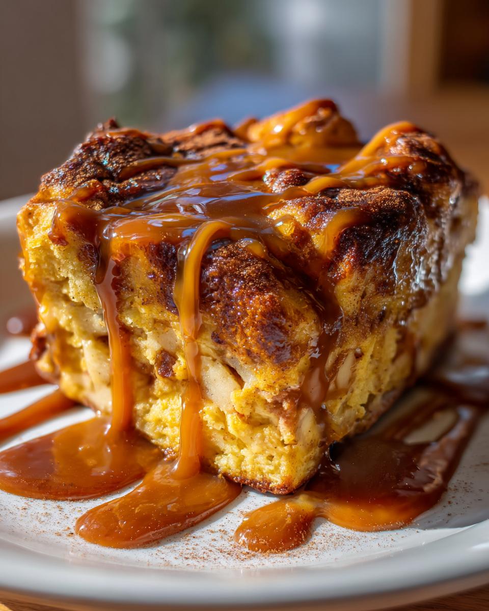 Close-up of a rich slice of apple bread pudding generously drizzled with thick caramel sauce.