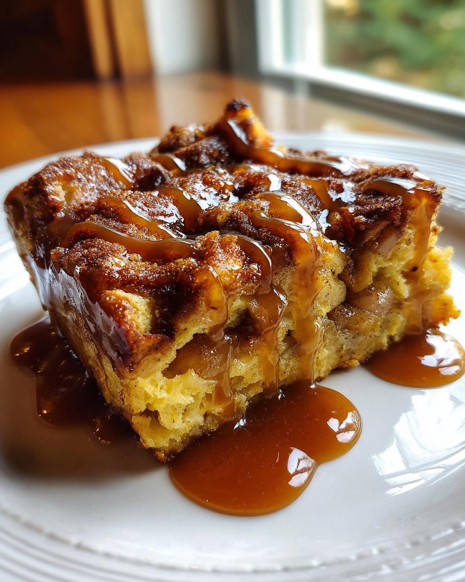 A close-up of a square slice of apple bread pudding topped with cinnamon sugar and drizzled generously with caramel sauce.