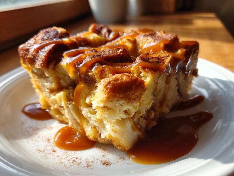 A close-up of a warm slice of apple bread pudding drizzled generously with caramel sauce.