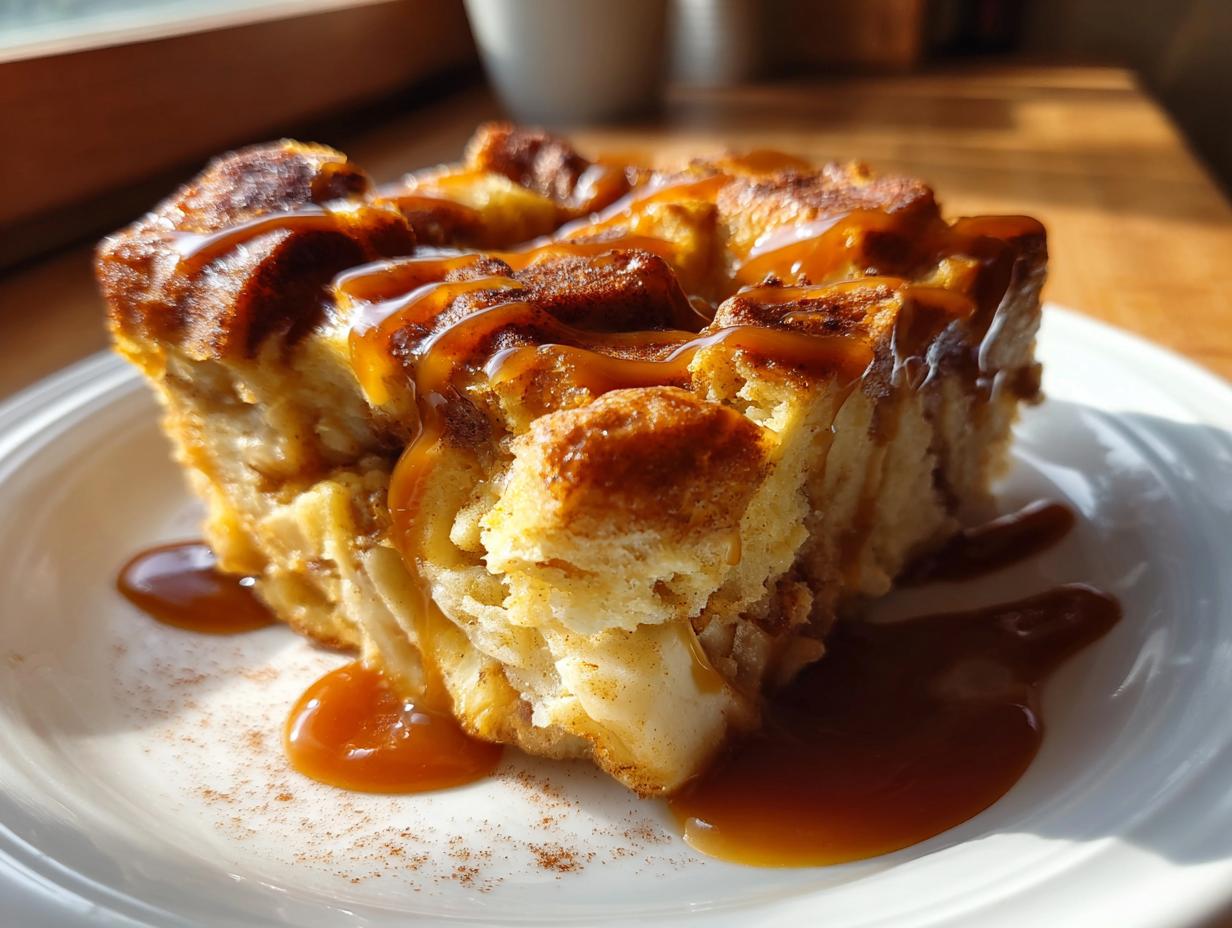 A close-up of a warm slice of apple bread pudding drizzled generously with caramel sauce.