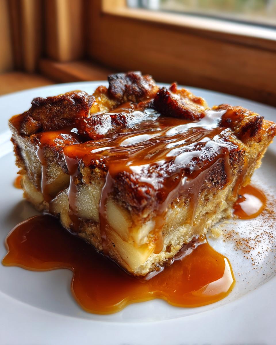 A close-up of a rich slice of apple bread pudding drizzled generously with thick caramel sauce on a white plate.