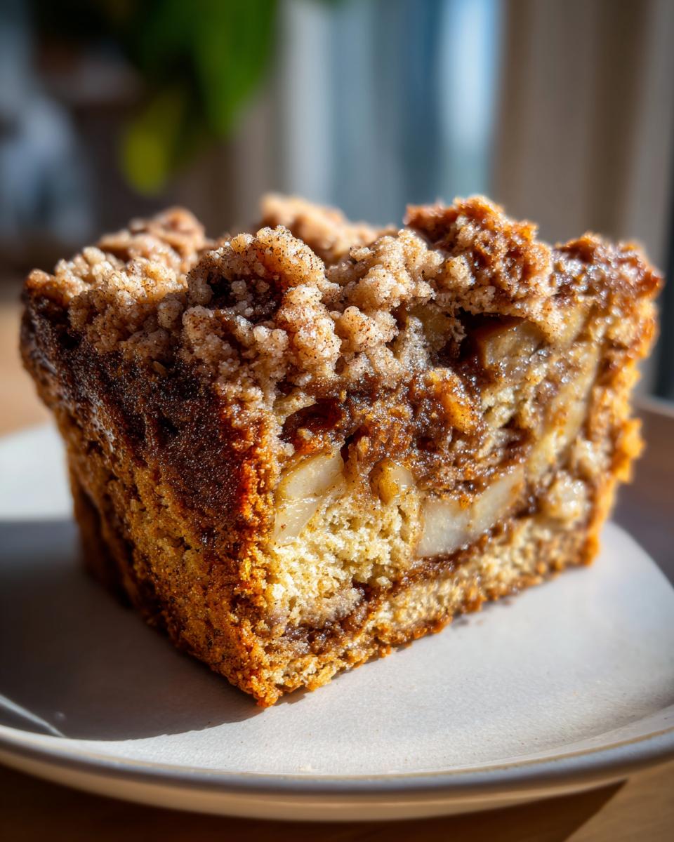 A moist slice of apple crumb cake featuring a thick, cinnamon-sugar streusel topping and visible chunks of baked apple.