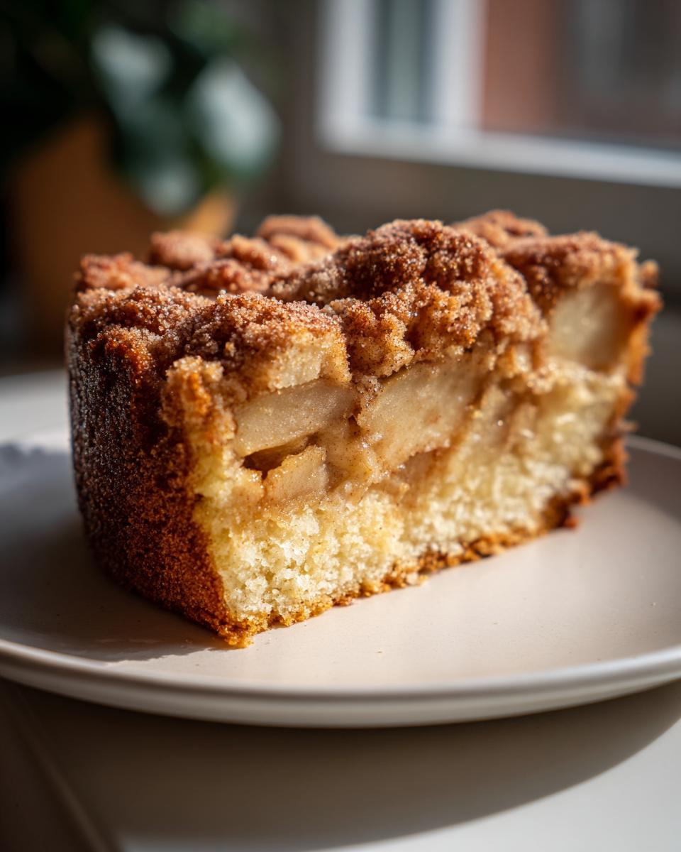 A close-up of a moist slice of apple crumb cake showing tender cake, spiced apples, and a thick cinnamon sugar topping.