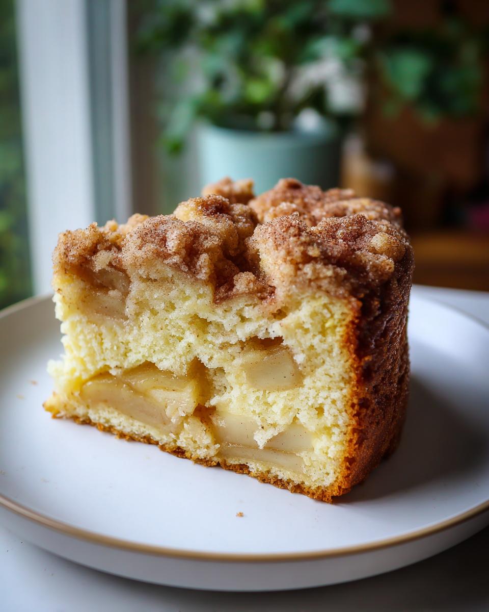 Close-up of a moist slice of apple crumb cake showing tender cake layers, chunks of baked apple, and a thick cinnamon streusel topping.