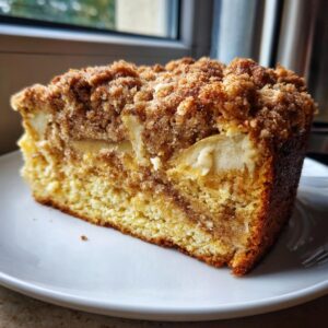 A close-up of a moist slice of apple crumb cake showing chunks of apple and a thick cinnamon streusel topping.