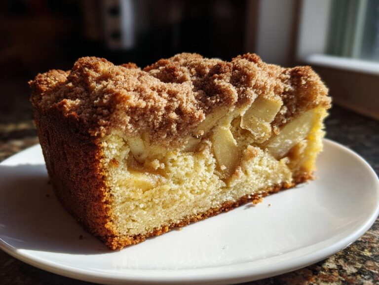 A close-up slice of moist apple crumb cake featuring visible apple chunks and a thick, sugary cinnamon crumb topping.