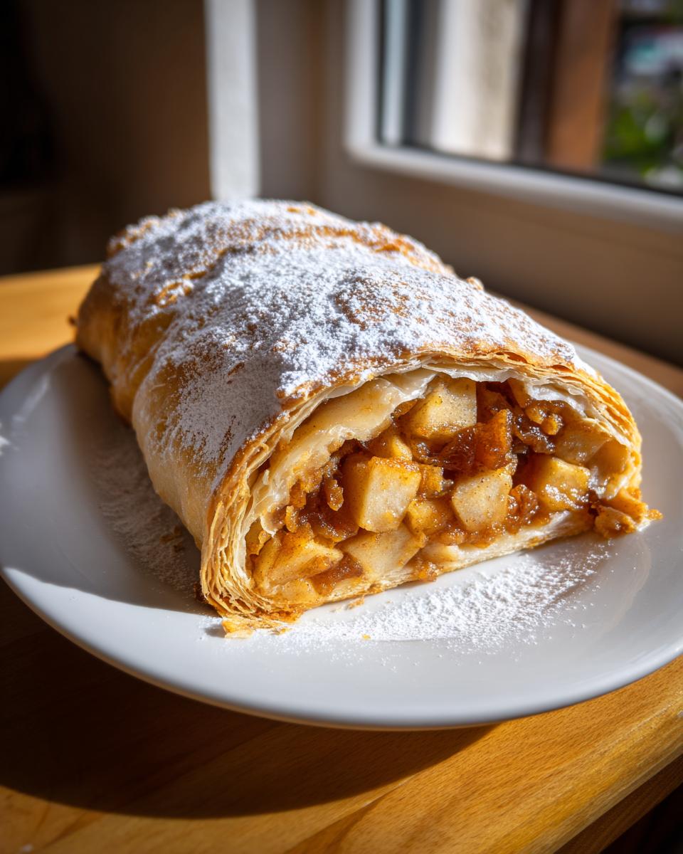 A cross-section of flaky pastry apple strudel filled with spiced apples, dusted heavily with powdered sugar.