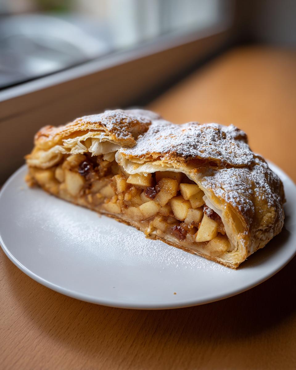 A close-up of a flaky slice of apple strudel filled with spiced apples and raisins, dusted with powdered sugar.