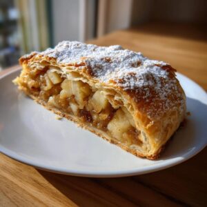 A close-up of a flaky slice of apple strudel filled with spiced apples, dusted generously with powdered sugar.