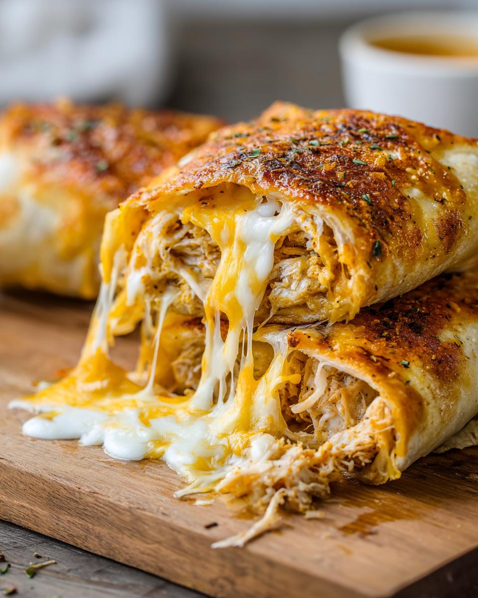 Close-up of baked chicken Chimichangas cut in half, showing shredded chicken and extreme cheese pull.