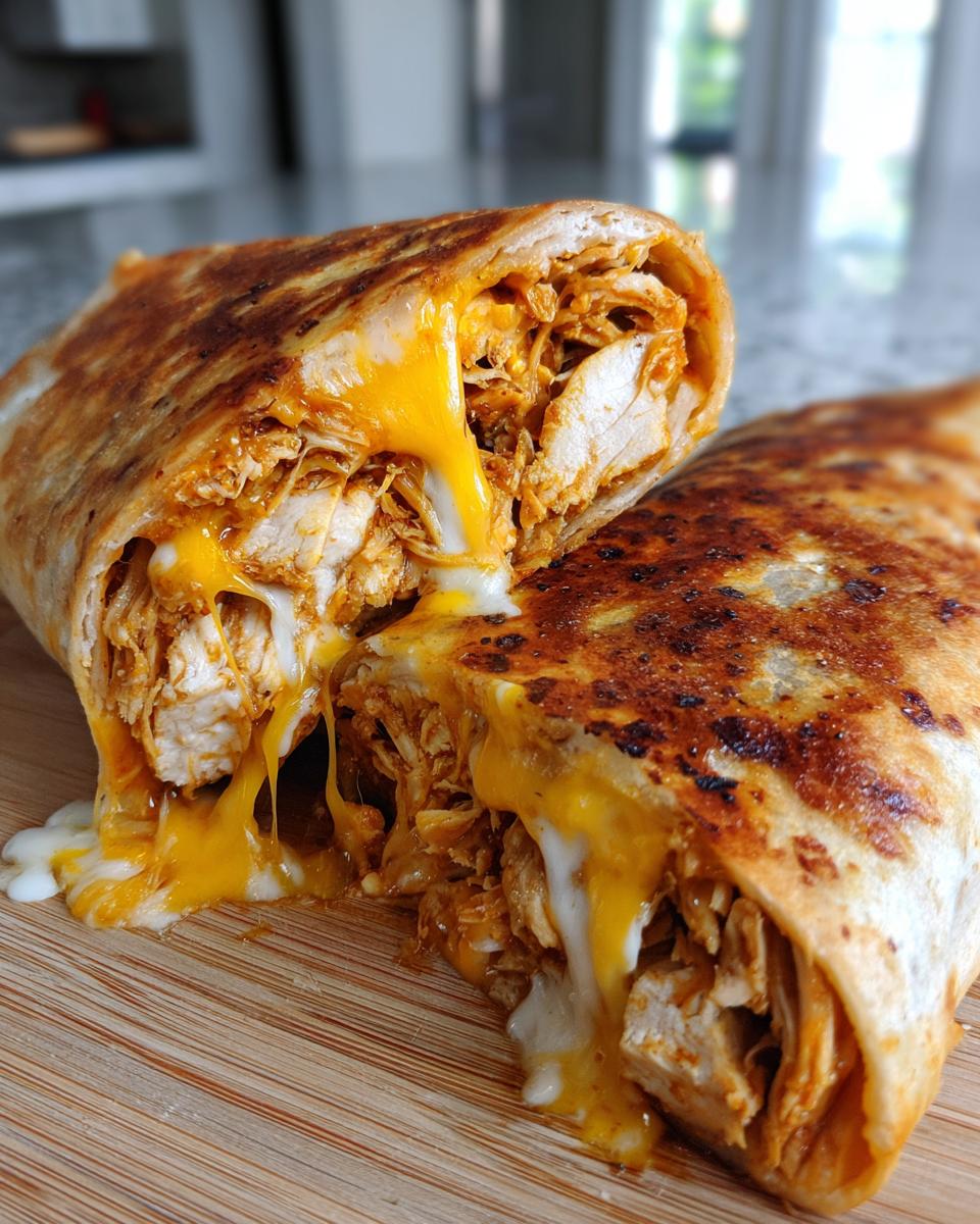 Close-up of baked chicken Chimichangas cut open, showing shredded chicken filling and melted, gooey cheese.