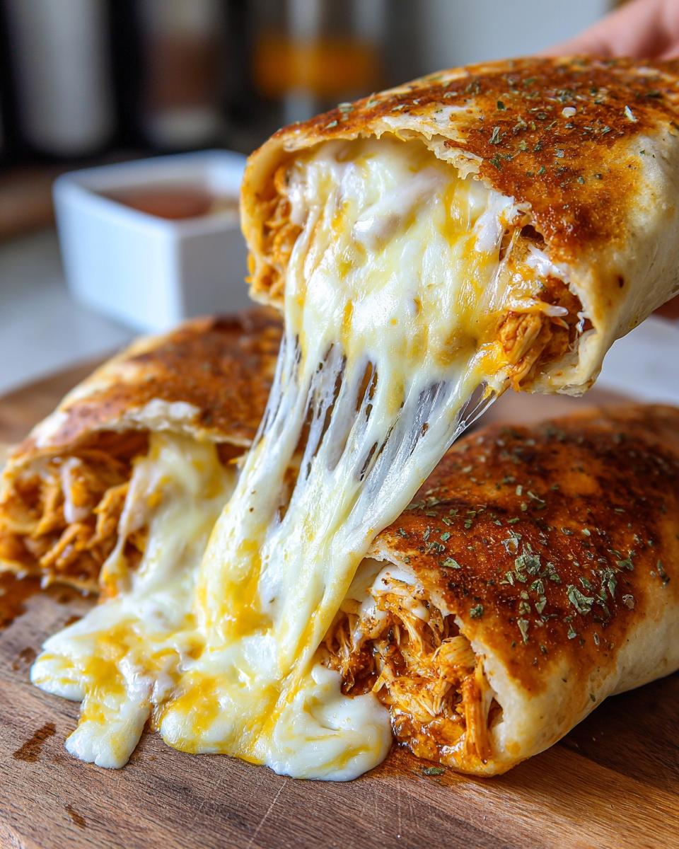 A baked chicken chimichanga being pulled apart, showing an extreme, satisfying cheese pull of melted white and yellow cheese.