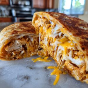 Close-up of baked chicken Chimichangas cut in half, showing melted, stringy cheese and seasoned chicken filling.