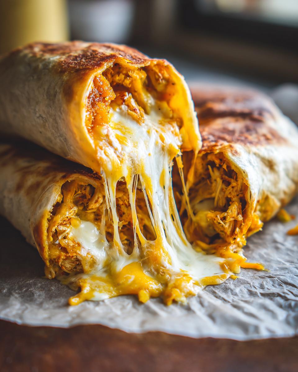 Close-up of baked chicken Chimichangas cut in half showing extreme cheese pull and shredded chicken filling.