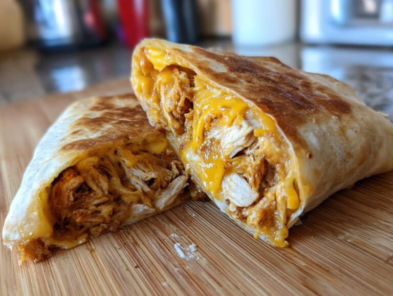 A baked chicken chimichangas cut in half, revealing shredded chicken filling and melted cheddar cheese inside a golden tortilla.