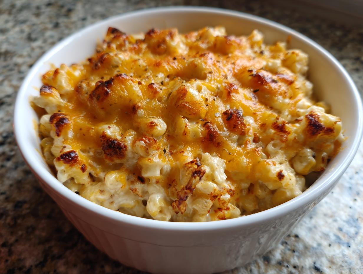 Close-up of a white bowl filled with baked Mexican corn dip, featuring bubbly, browned cheese on top.